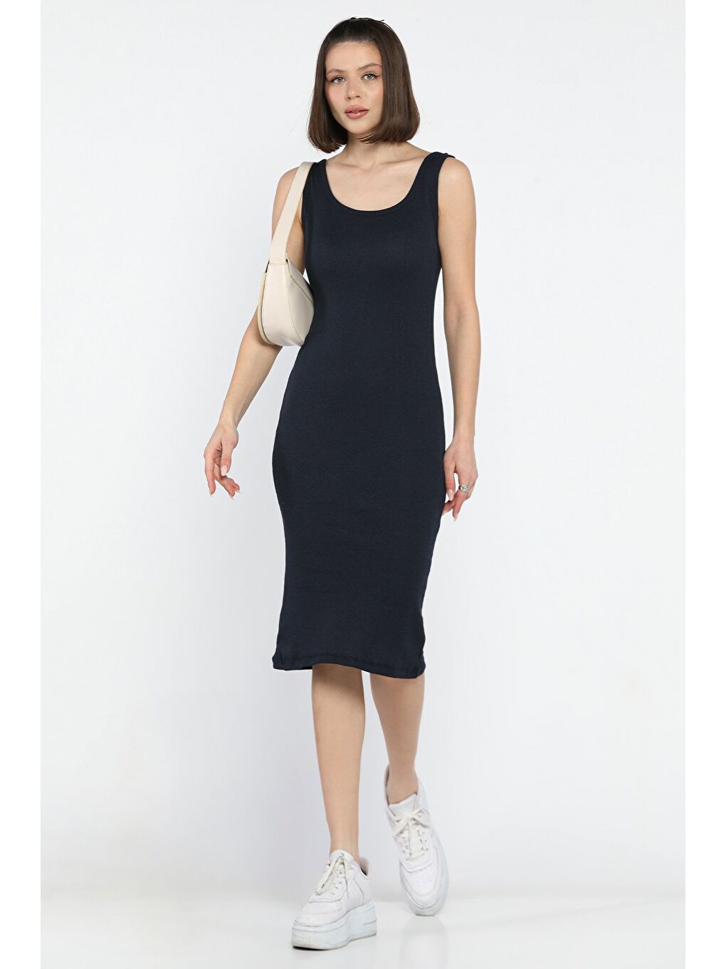 Lacivert Kaşkorse Kare Yaka Askılı Elbise-1