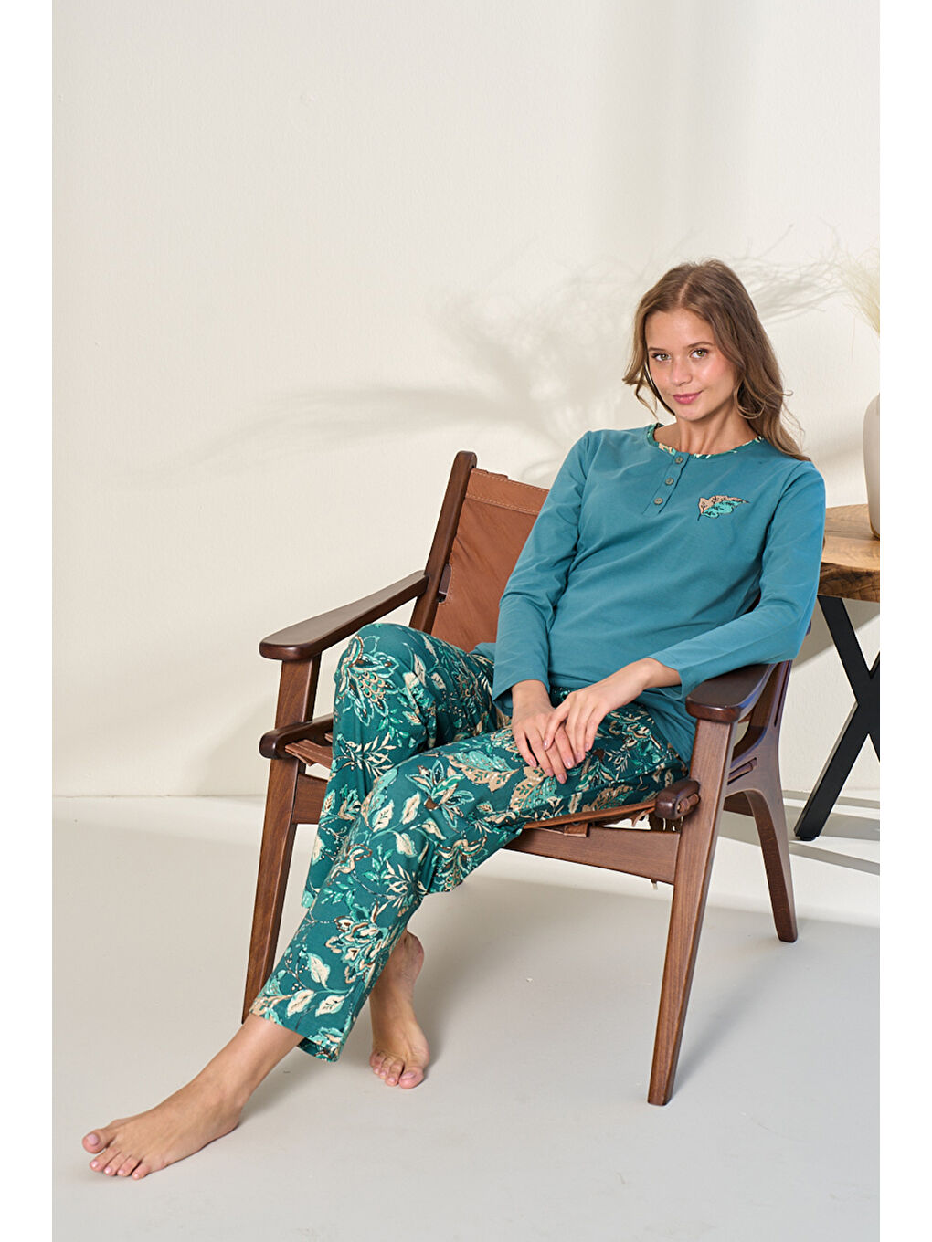 Kadın Penye Uzun Kol Pijama Takımı 3128 Petrol01-3