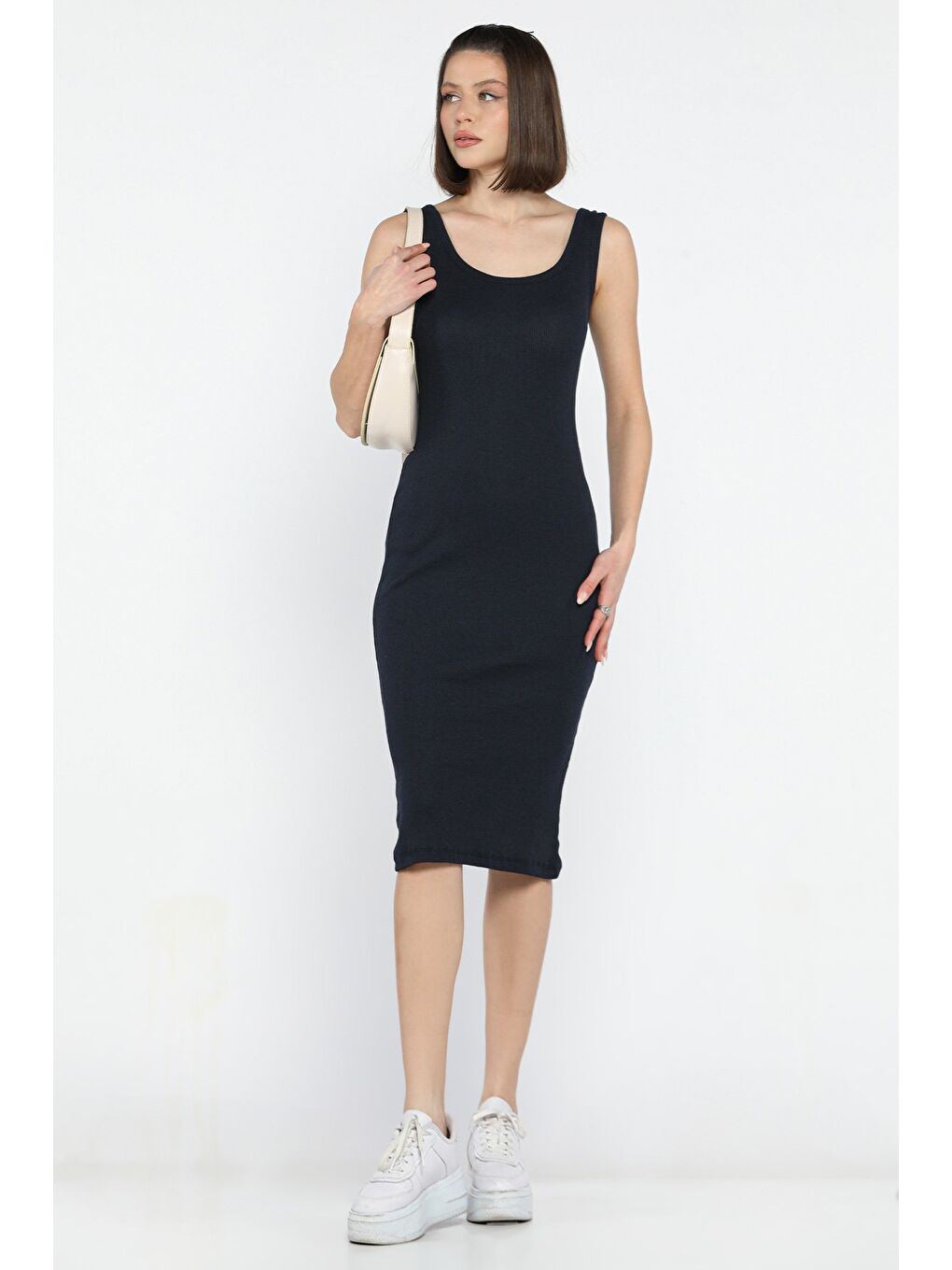 Lacivert Kaşkorse Kare Yaka Askılı Elbise-2