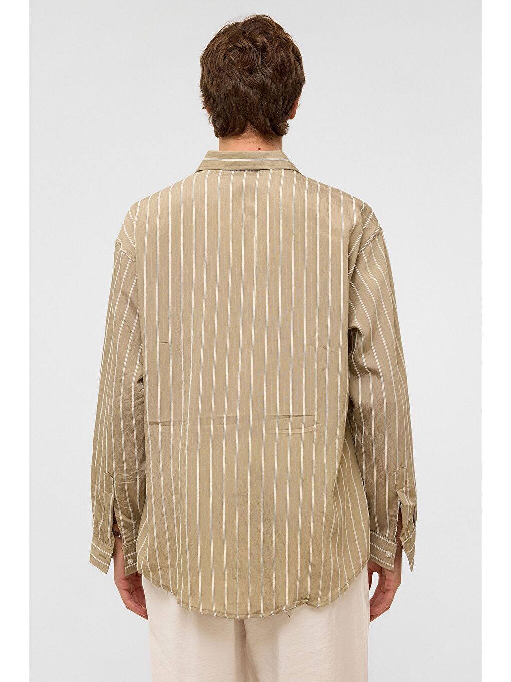 Oversize Çizgili Uzun Kol Gömlek Haki-7