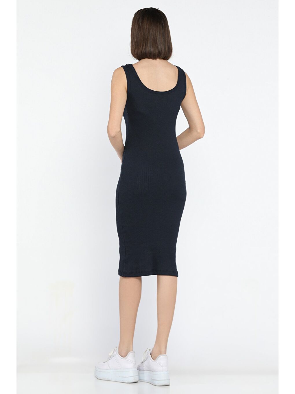 Lacivert Kaşkorse Kare Yaka Askılı Elbise-3