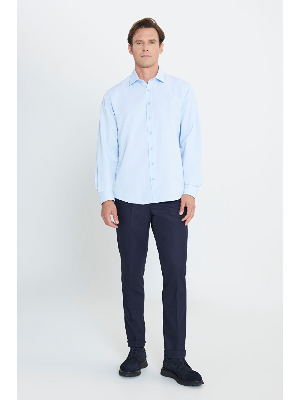 Erkek Açık Mavi Comfort Fit Geniş Kesim Klasik Yaka Pamuklu Rahat Armürlü Gömlek-1