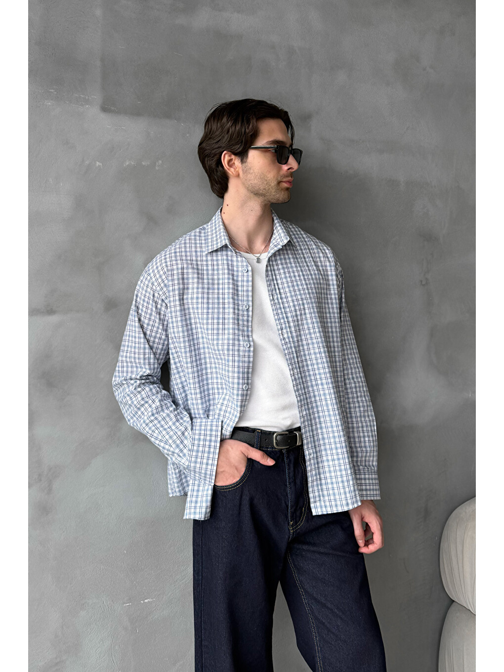 Lacivert Erkek Oversize %100 Pamuk Flam Keten Kareli Gömlek-2
