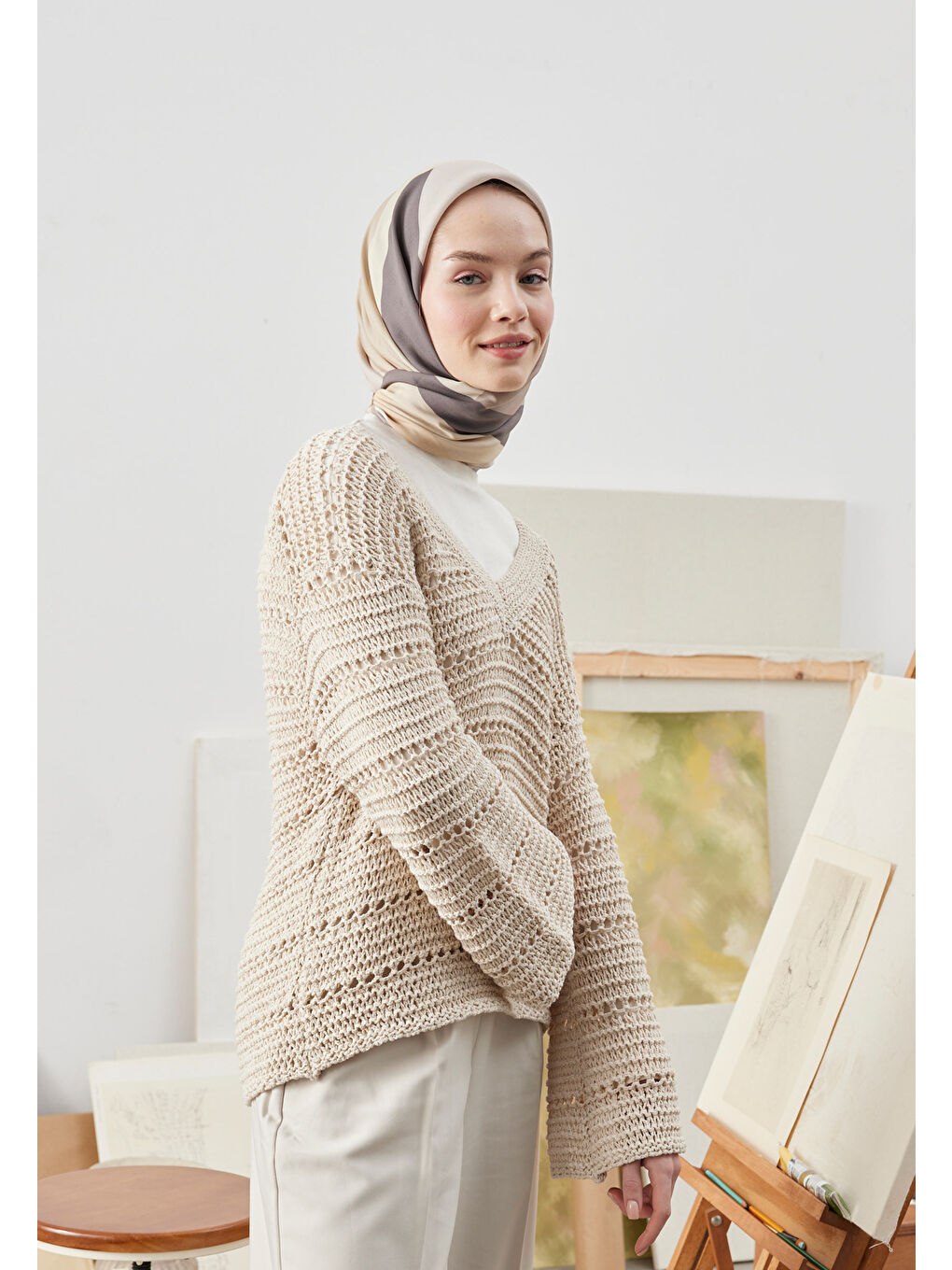 Multı Colors Desen Pamuk İpek Eşarp Bej-3