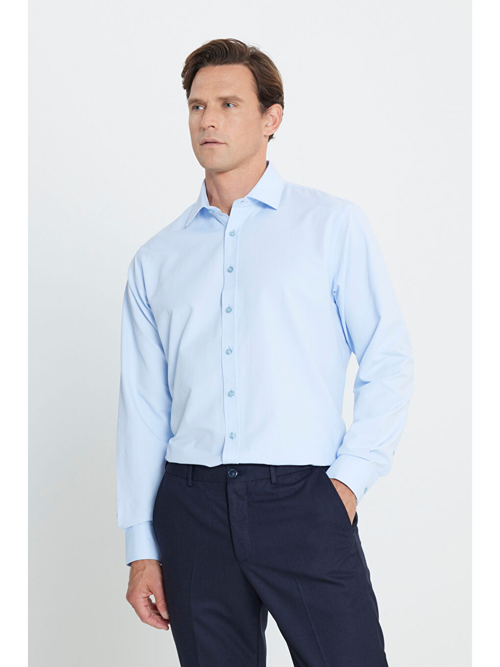 Erkek Açık Mavi Comfort Fit Geniş Kesim Klasik Yaka Pamuklu Rahat Armürlü Gömlek-2