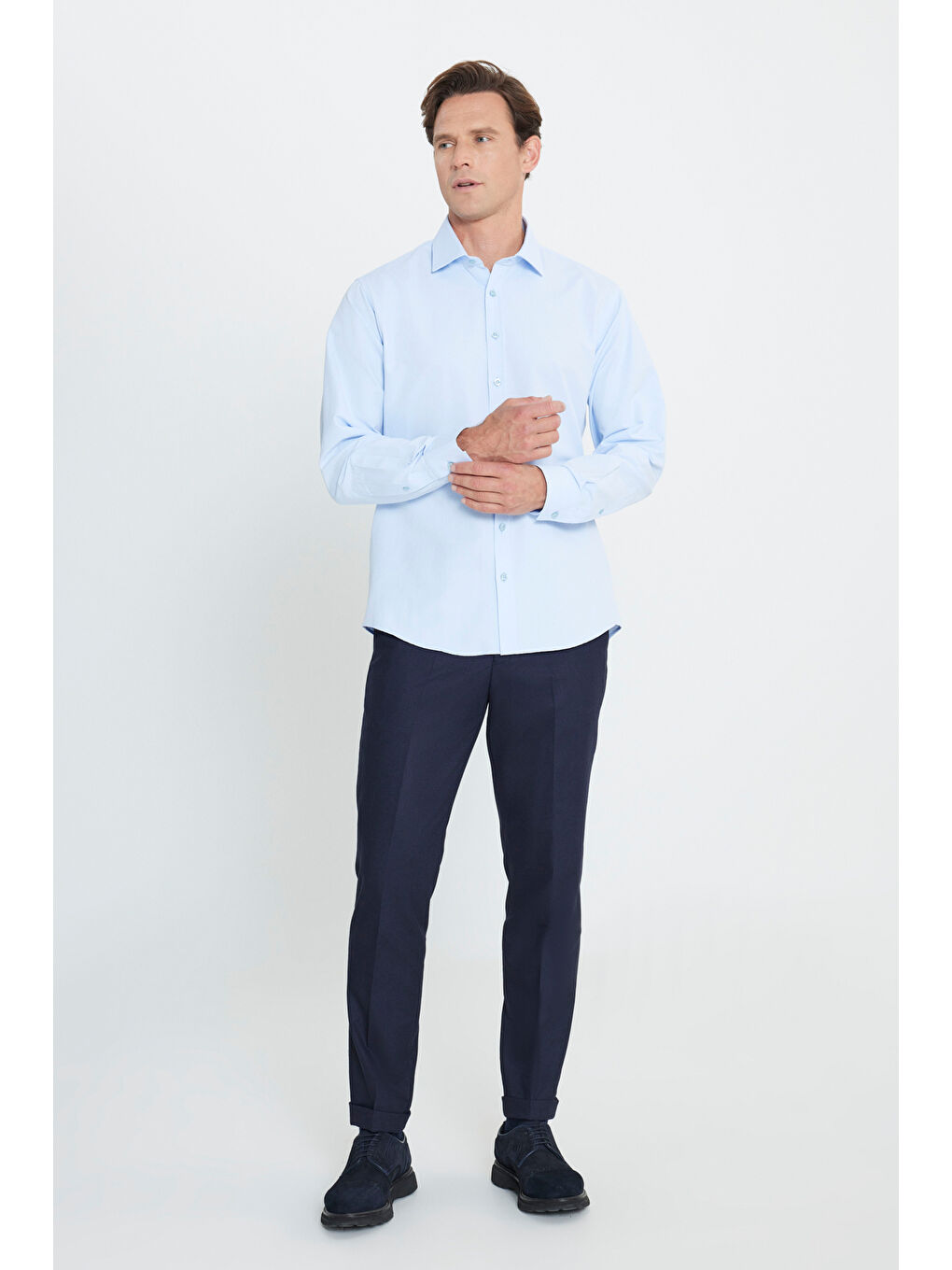 Erkek Açık Mavi Comfort Fit Geniş Kesim Klasik Yaka Pamuklu Rahat Armürlü Gömlek-3