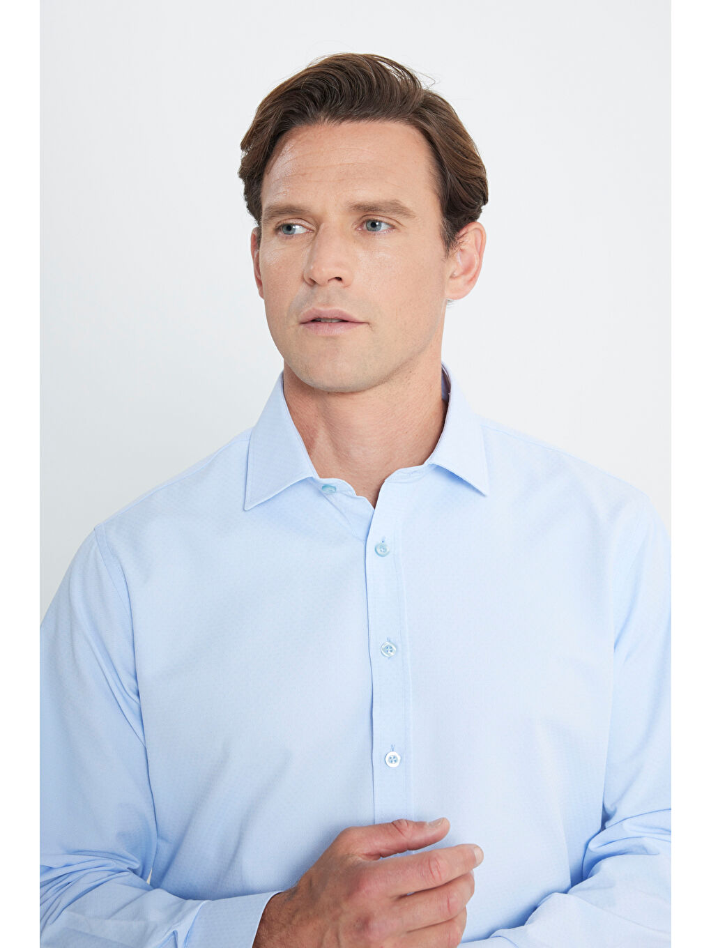 Erkek Açık Mavi Comfort Fit Geniş Kesim Klasik Yaka Pamuklu Rahat Armürlü Gömlek-4