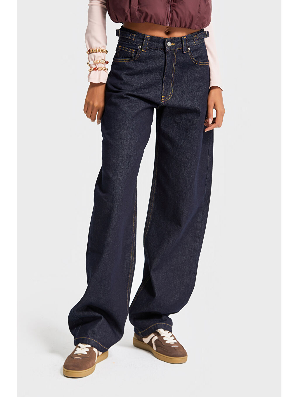 Kadın İndigo Renk Lotus 7w5-50 Baggy Fit İç Boy 83cm Kemer Detaylı %100 Pamuk Denim Jean