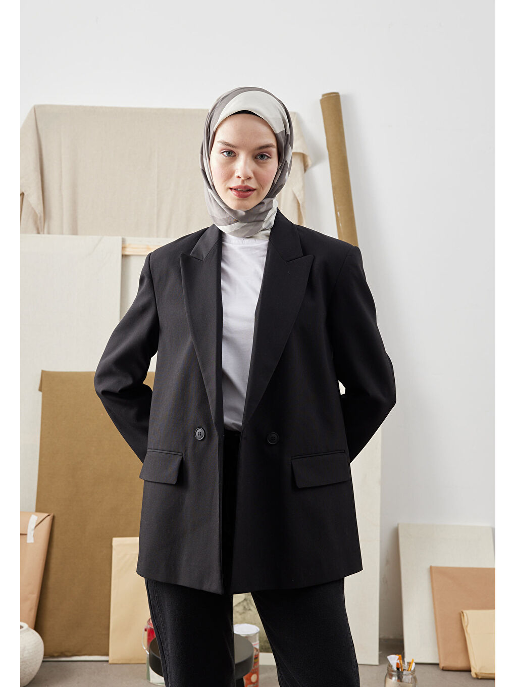 Color Mıx Desen Pamuk İpek Eşarp Gri