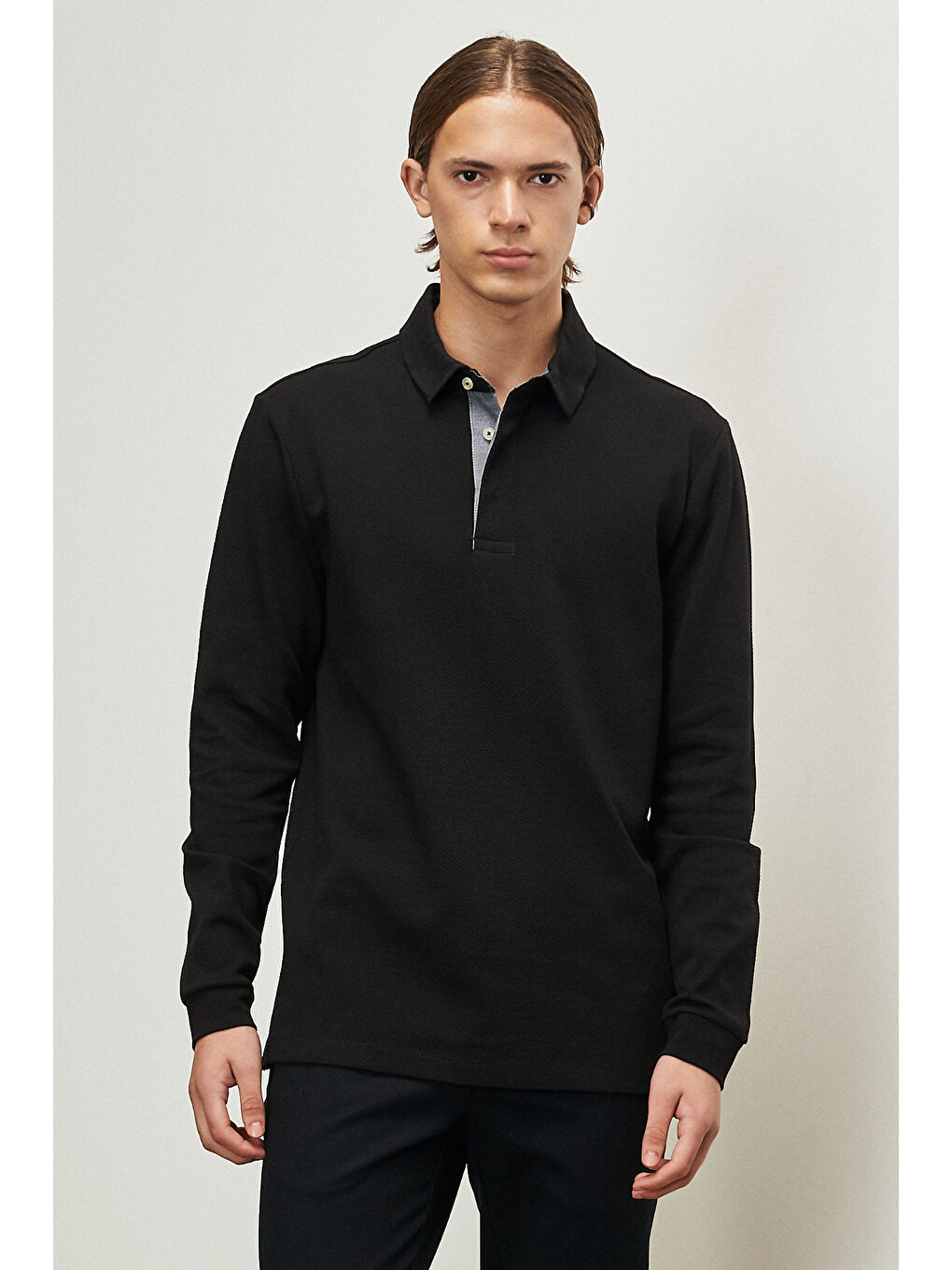 Erkek Siyah Slim  Fit Dar Kesim Polo Yaka Pamuklu Tişört