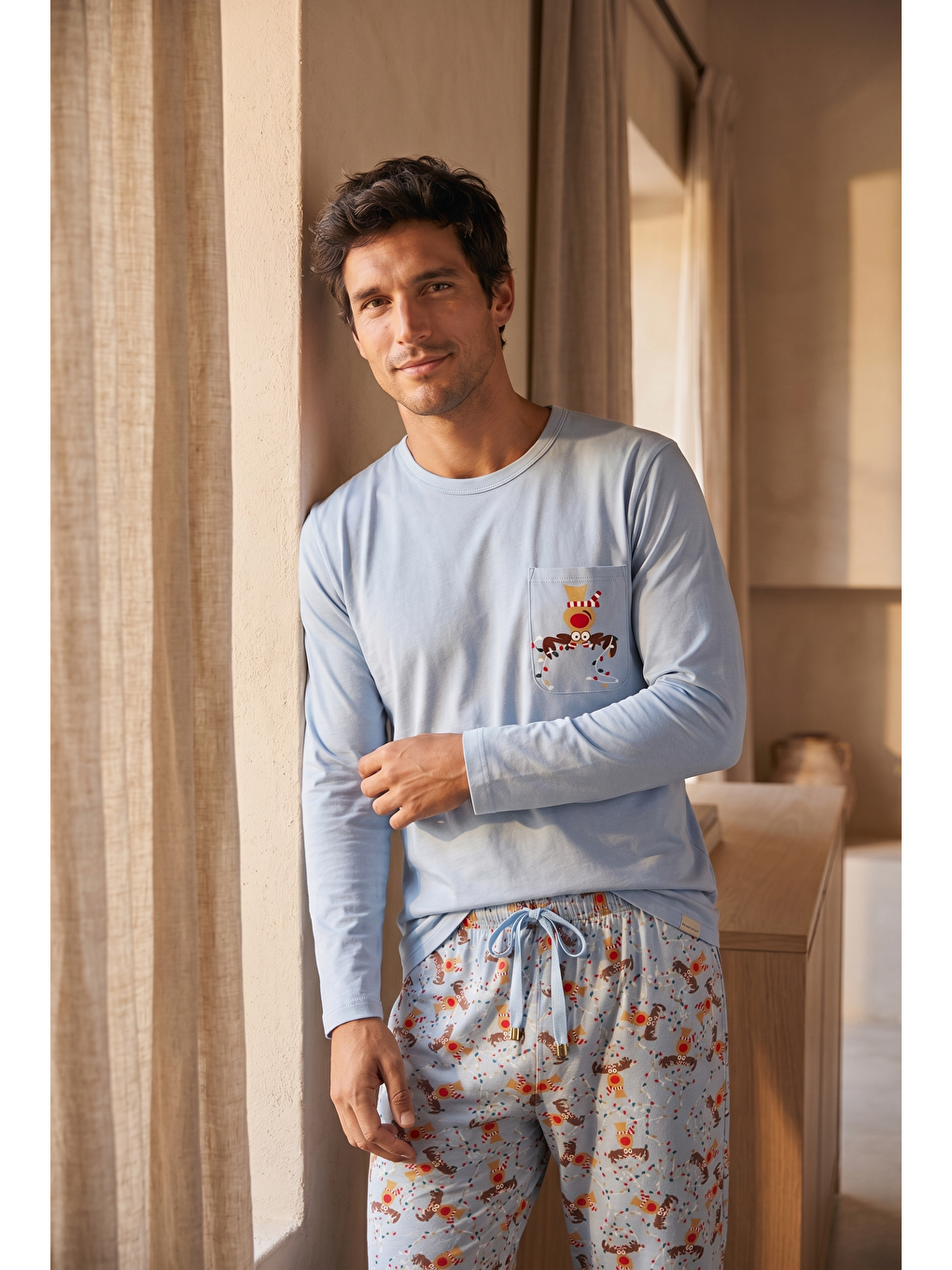 Erkek Sweet Dreams Kutulu Geyik Desenli Mavi Pijama Takımı-1