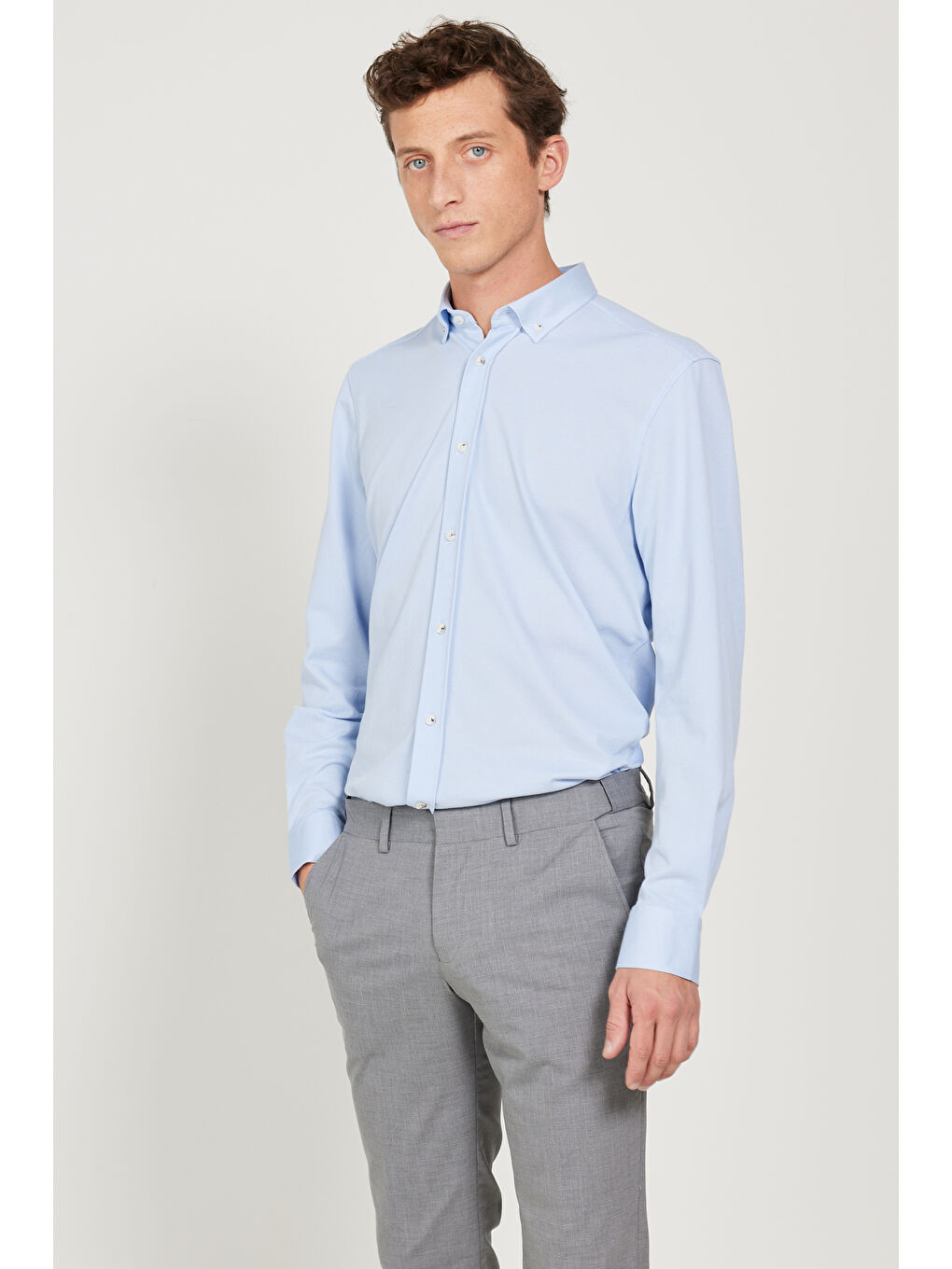 Erkek Açık Mavi Comfort Ft Geniş Kesim Düğmeli Yaka Pamuklu Armürlü Keten Gömlek
