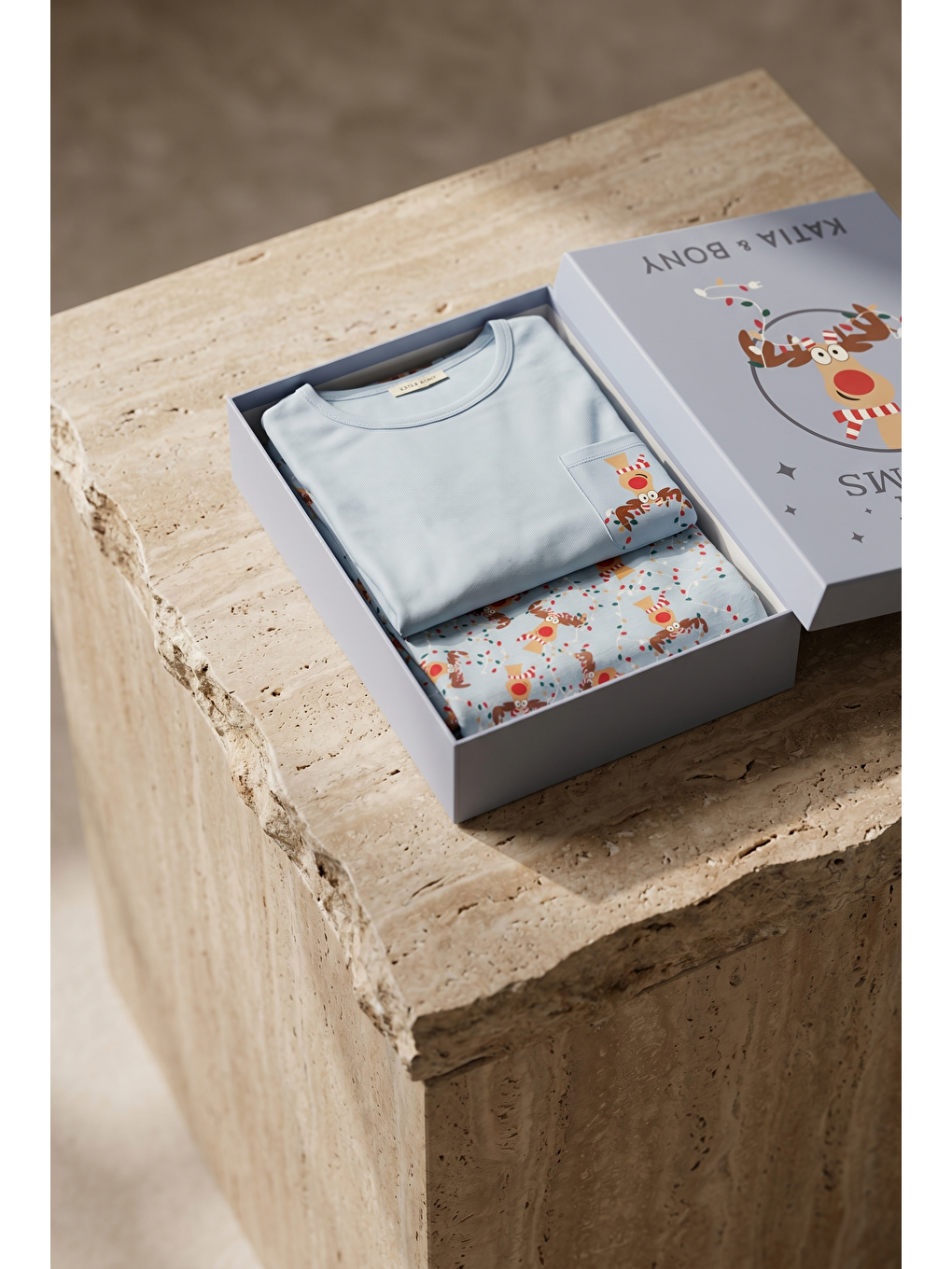 Erkek Sweet Dreams Kutulu Geyik Desenli Mavi Pijama Takımı-2