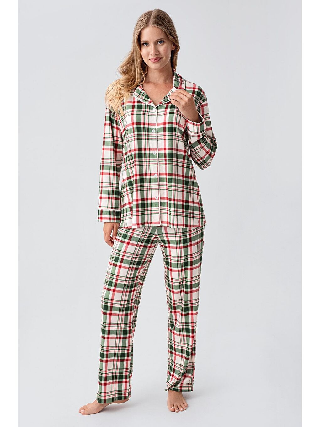 Kırmızı Termal Uzun Kollu Düğmeli Ekose Desenli Esnek Yumuşak Dokulu Pijama Takım 18221