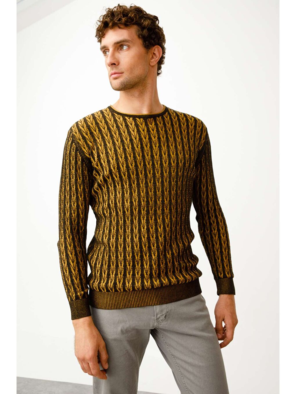 Siyah Rahat Kalıp Bisiklet Yaka Desenli Uzun Kollu Triko-5