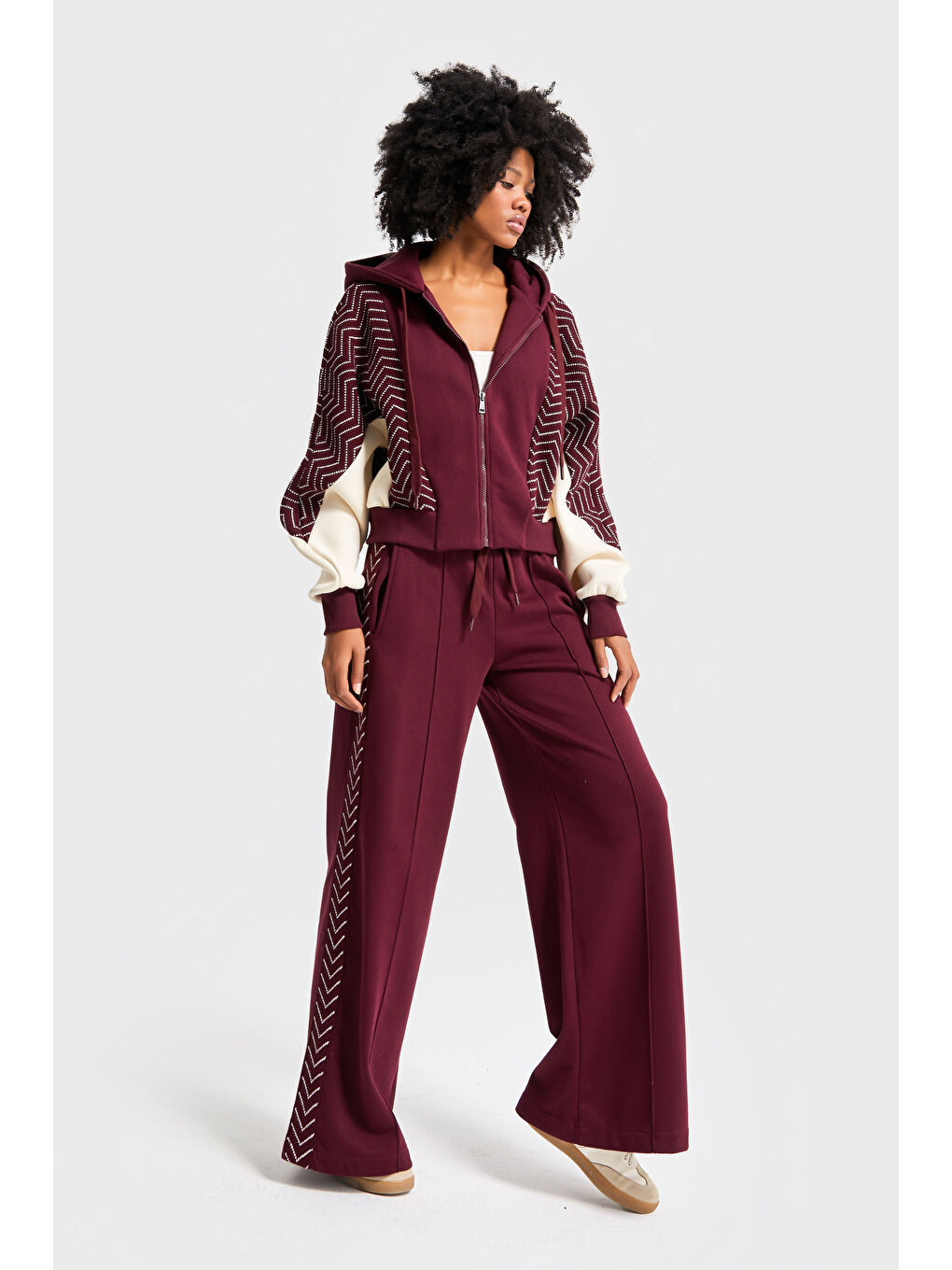 Kadın Bordo Renk w5-35 Kapüşonlu Sweatshirt Polar Eşofman Alt 2'li Kombin Kumaş Tasarım Takım