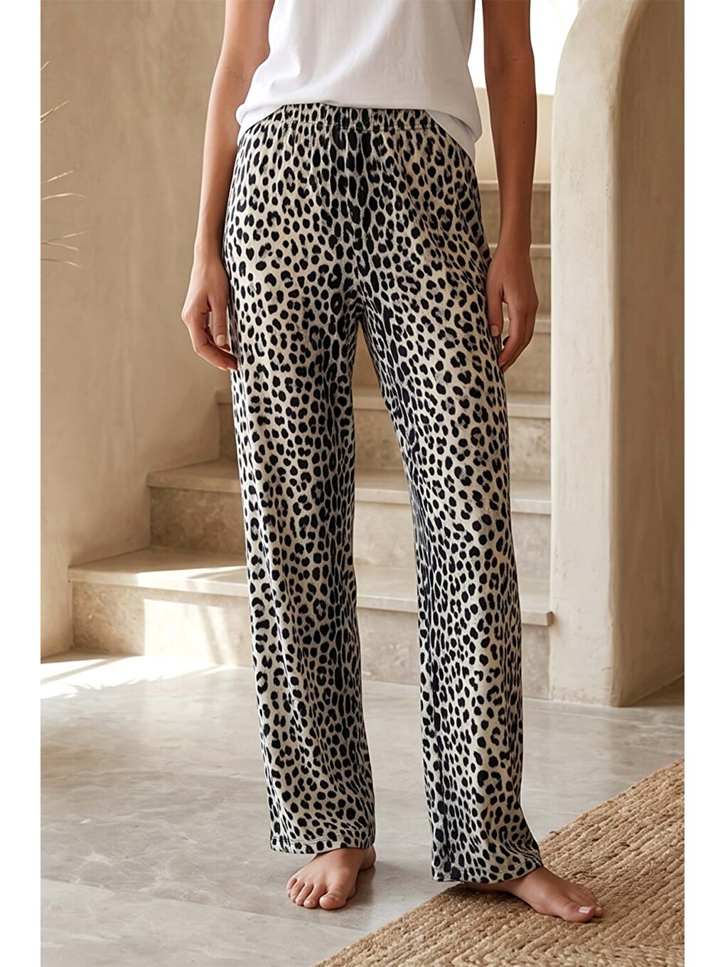 Kadın Viskon Kumaş Leopar Desen Penye Tek Pijama Alt 36 Siyah-1