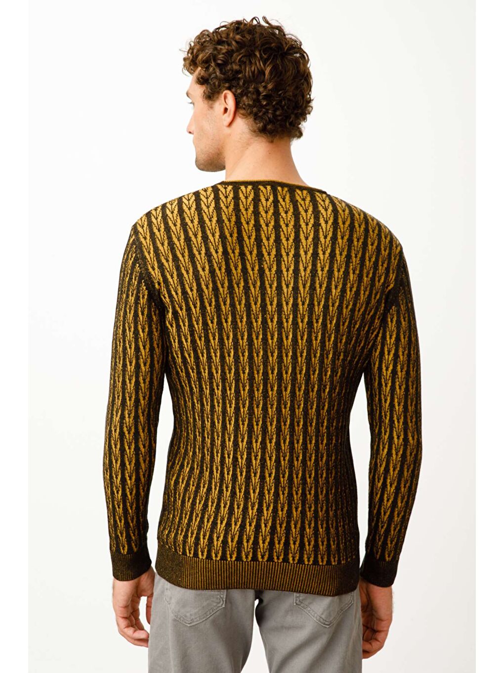 Siyah Rahat Kalıp Bisiklet Yaka Desenli Uzun Kollu Triko-6