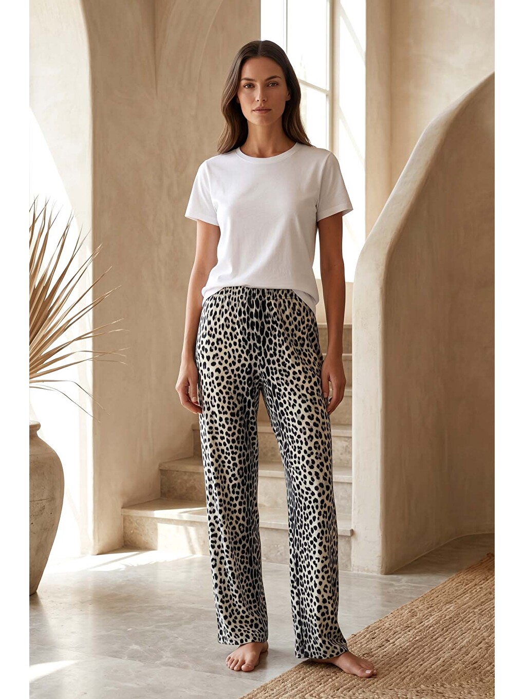 Kadın Viskon Kumaş Leopar Desen Penye Tek Pijama Alt 36 Siyah-3