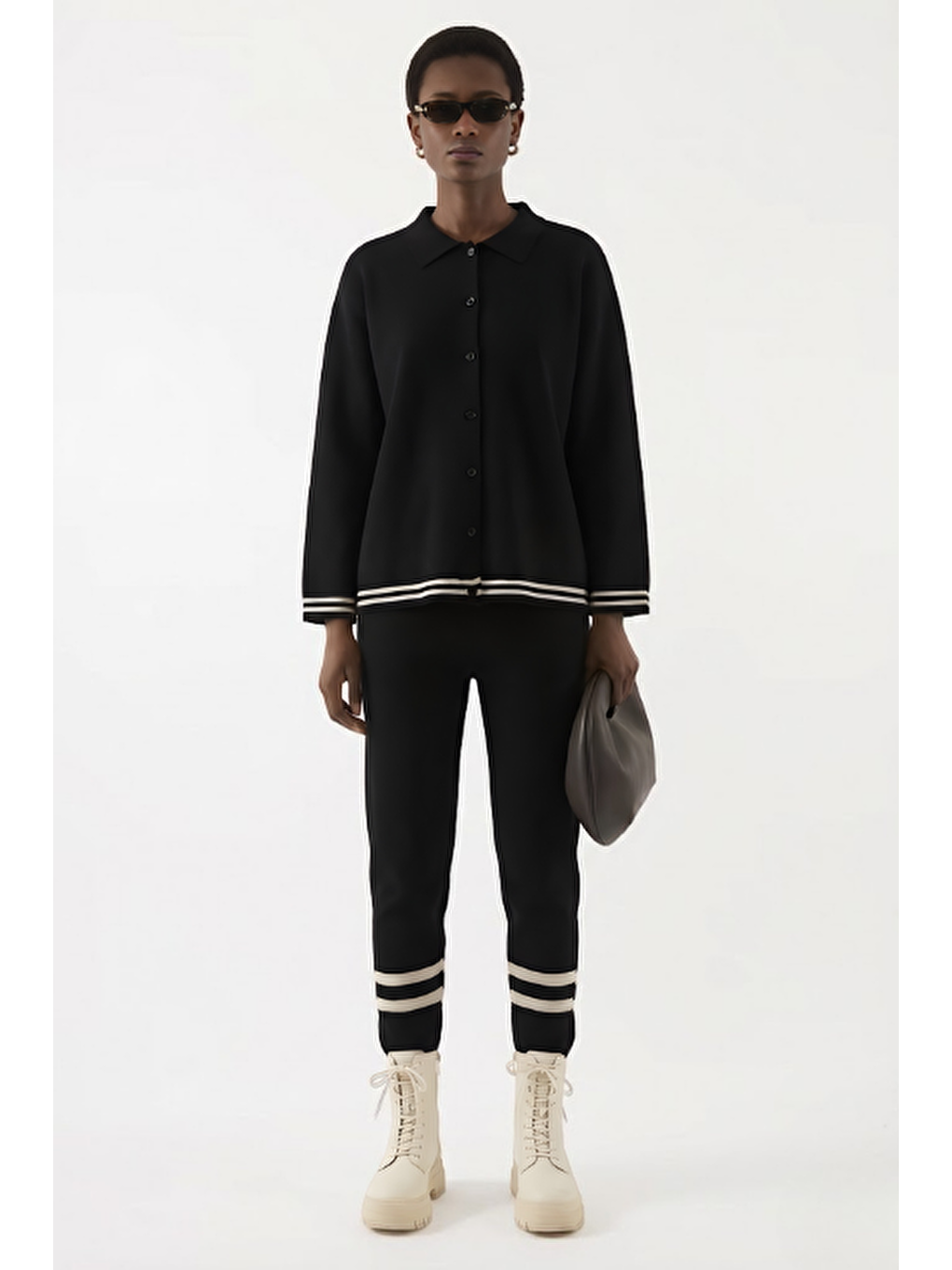 Çizgili Triko Pantolon Siyah