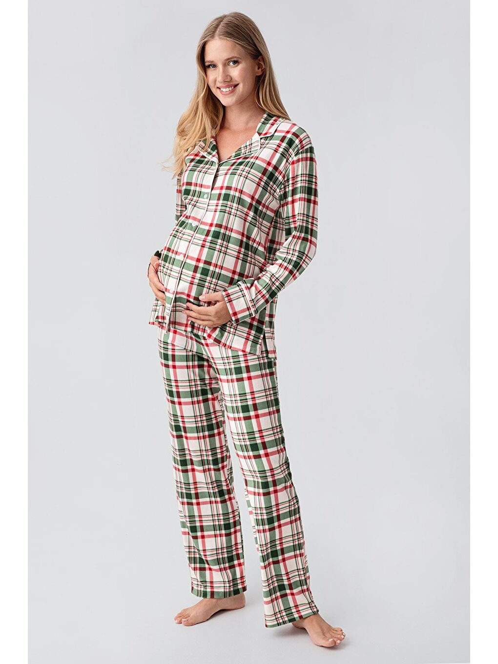 Kırmızı Termal Uzun Kollu Düğmeli Ekose Desenli Esnek Yumuşak Dokulu Pijama Takım 18221-1