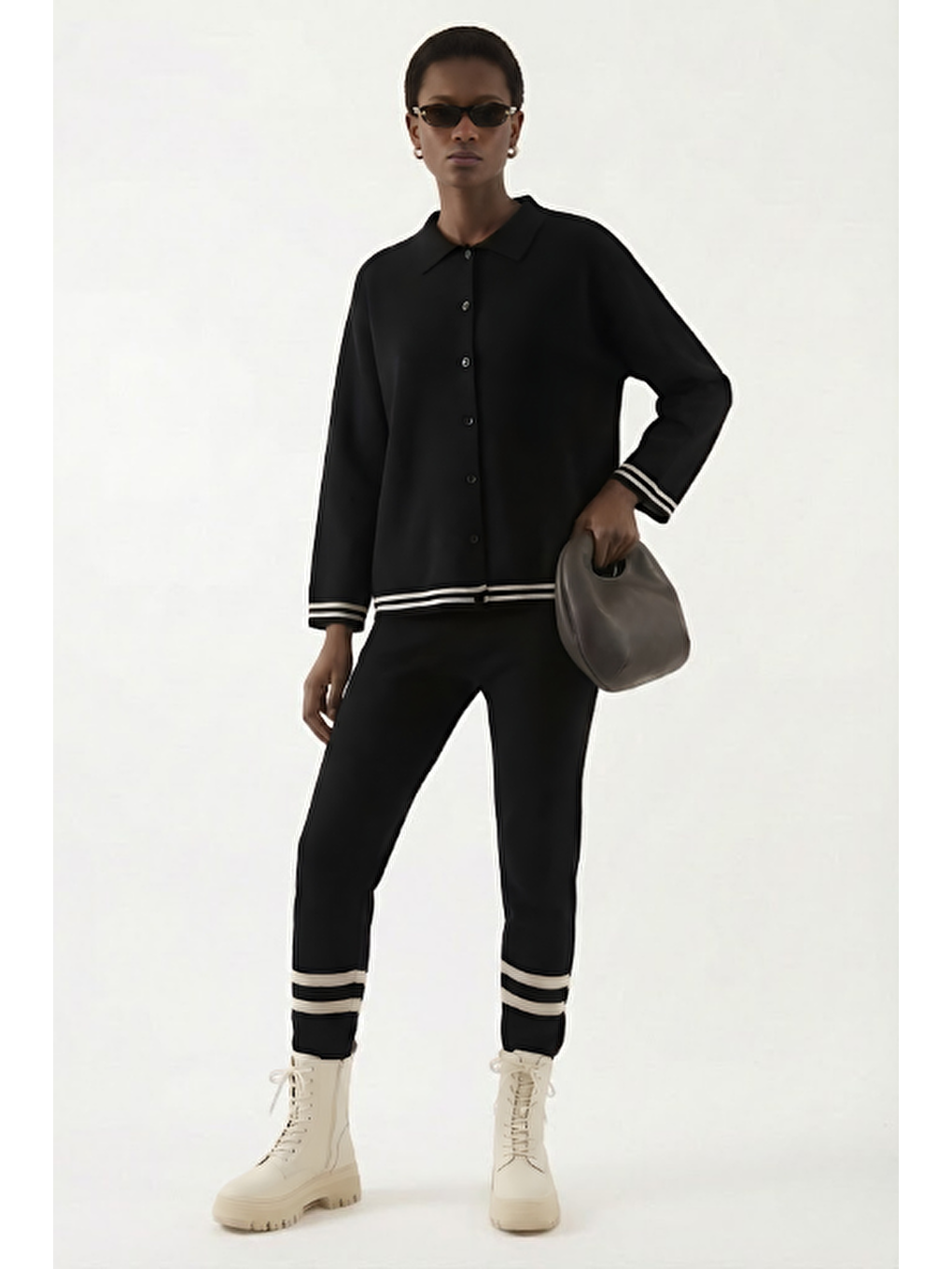 Çizgili Triko Pantolon Siyah-1