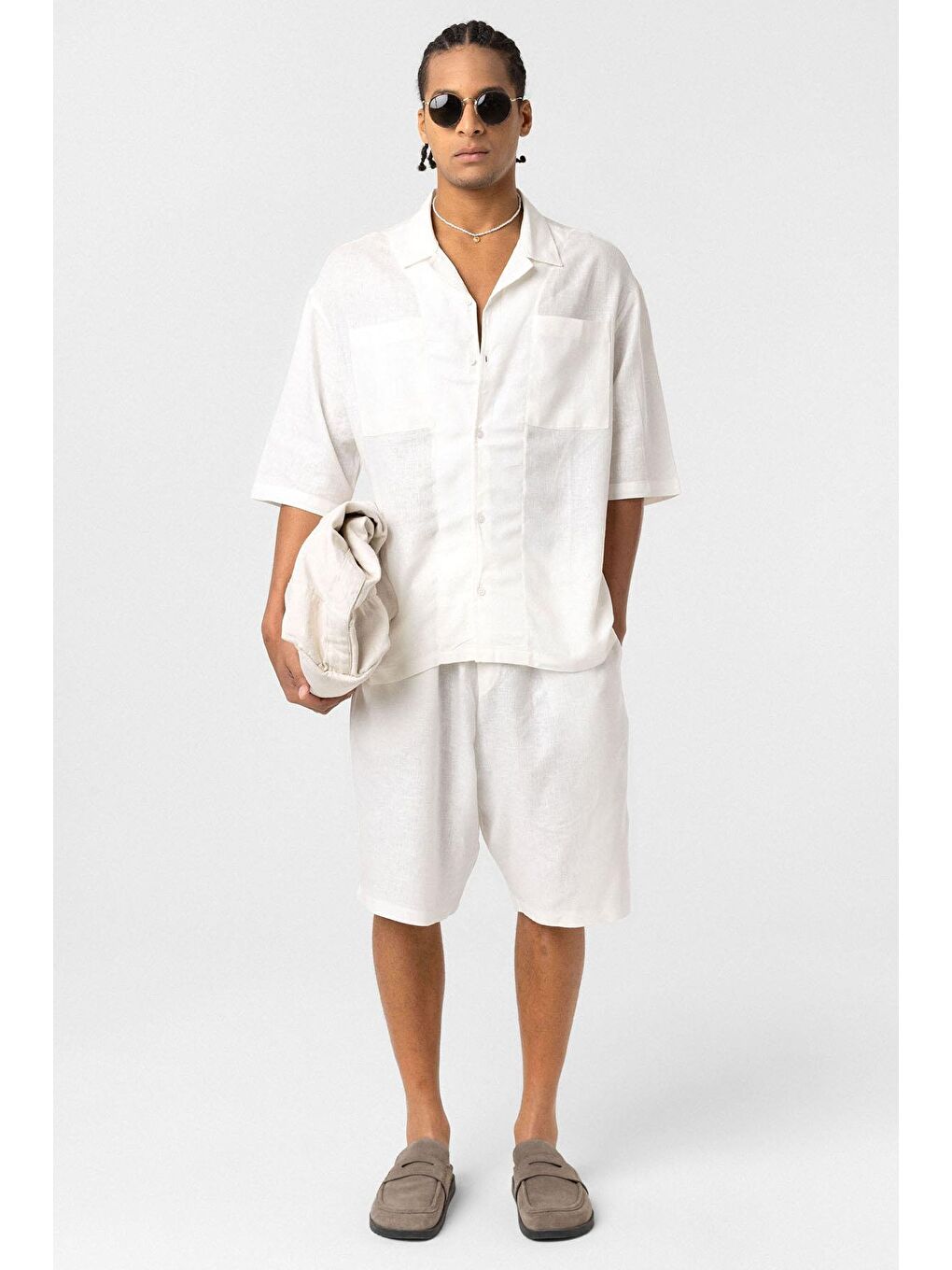 Çift Cepli Oversize Keten Gömlek Ekru