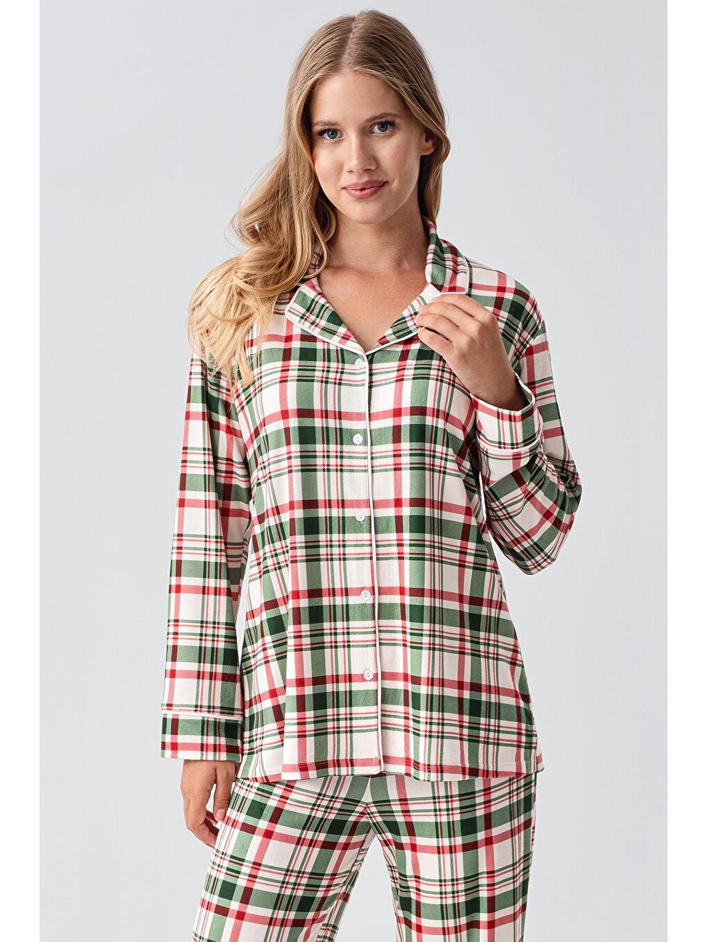Kırmızı Termal Uzun Kollu Düğmeli Ekose Desenli Esnek Yumuşak Dokulu Pijama Takım 18221-2