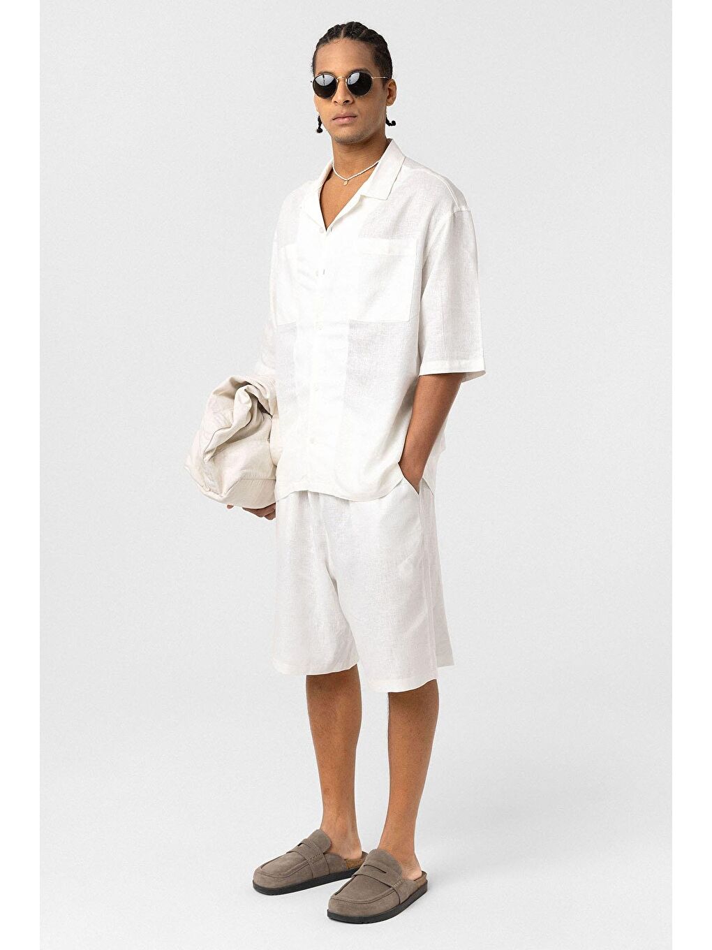 Çift Cepli Oversize Keten Gömlek Ekru-1