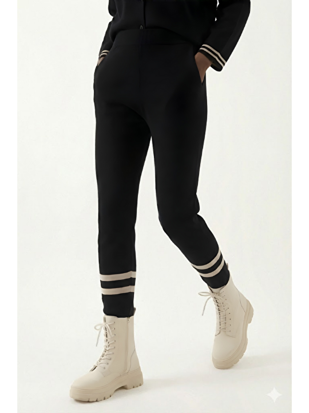 Çizgili Triko Pantolon Siyah-3