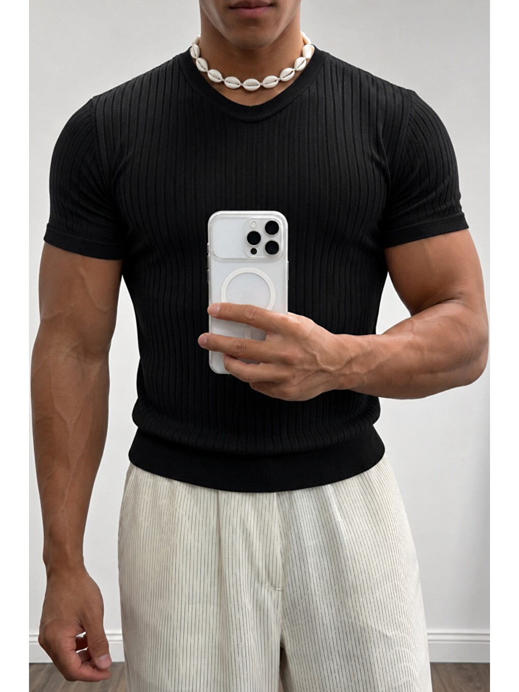 Siyah Erkek Slim Fit Fitilli Triko Tişört Bisiklet Yaka Premium Pamuk Basic Yazlık T-Shirt