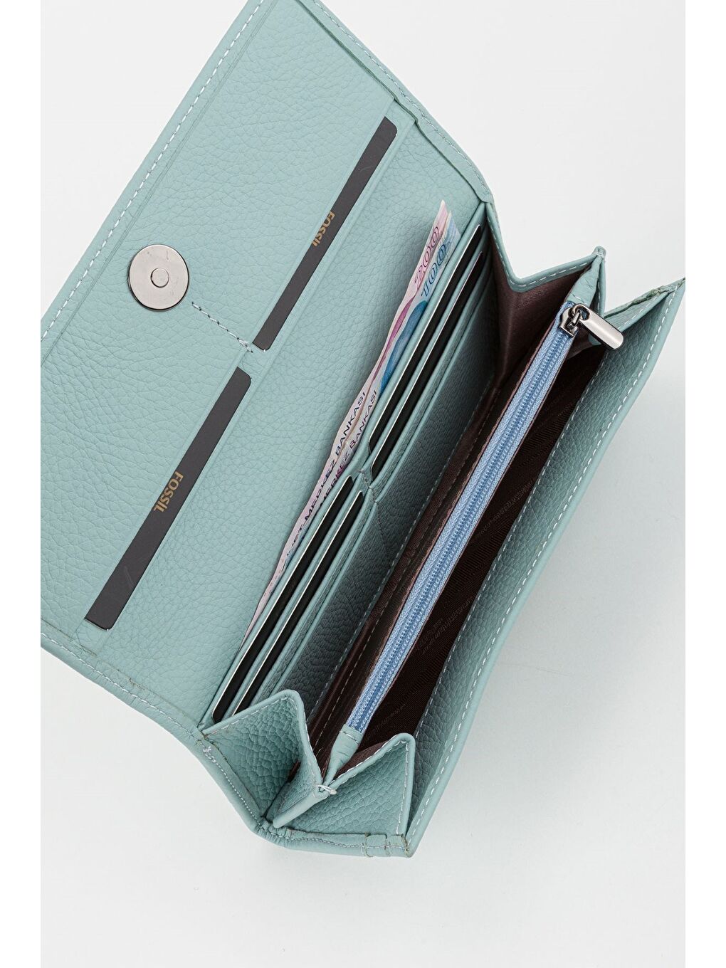 Kutulu Hakiki Deri Buz Mavi Kadın El Portföyü Uzun Cüzdan-3