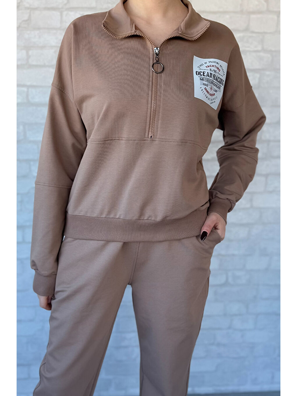 Ekru Kadın Dik Yaka Yarım Fermuarlı Sweat Pantolon Eşofman Takımı-3