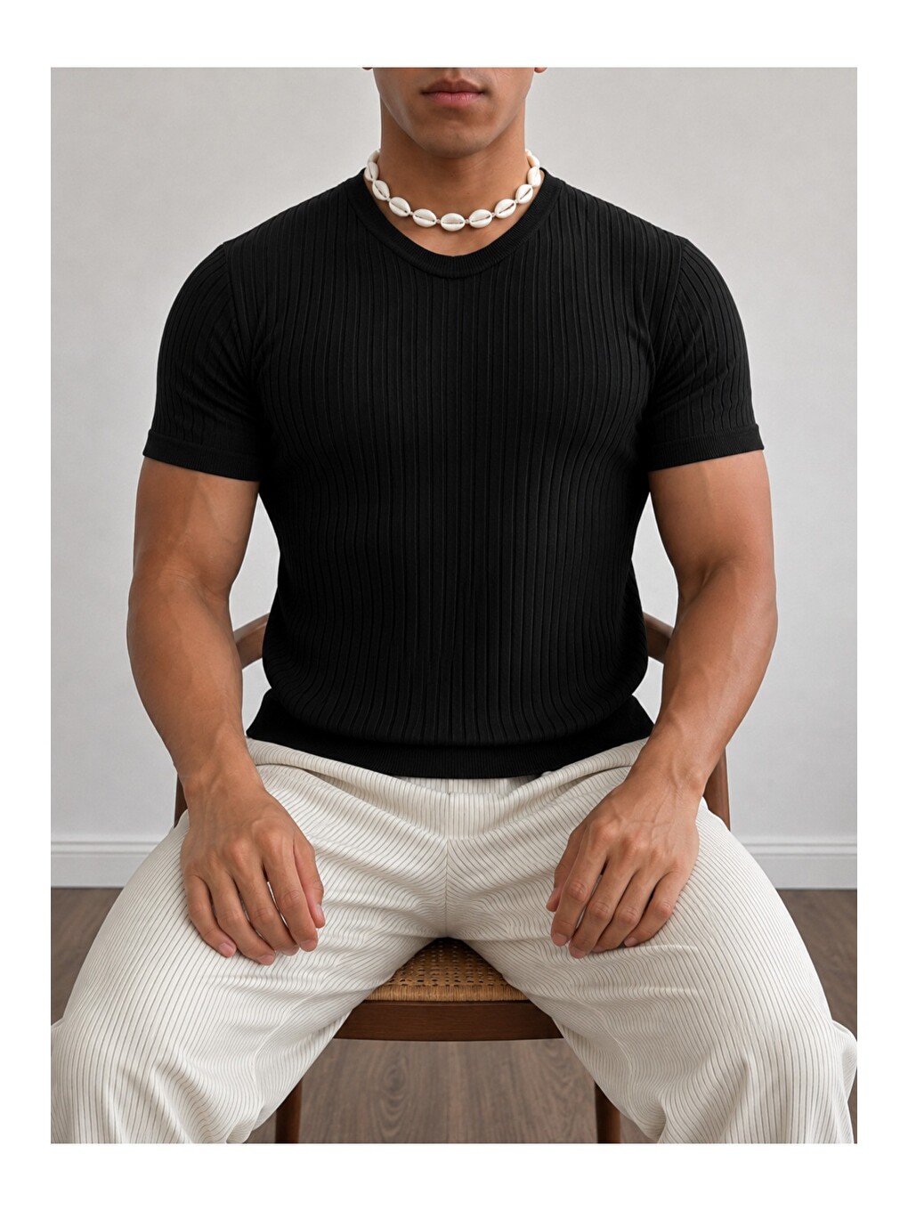 Siyah Erkek Slim Fit Fitilli Triko Tişört Bisiklet Yaka Premium Pamuk Basic Yazlık T-Shirt-1