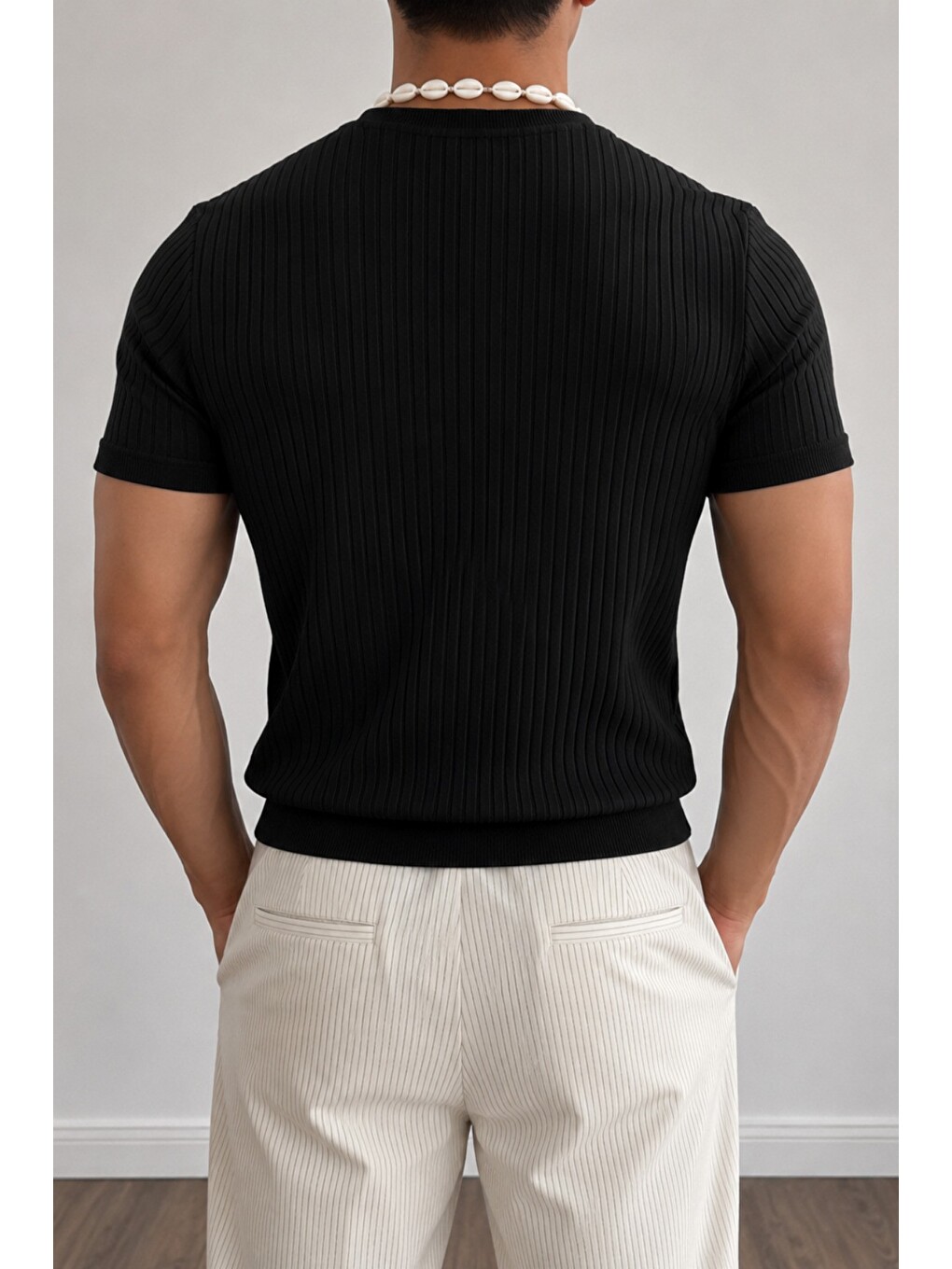 Siyah Erkek Slim Fit Fitilli Triko Tişört Bisiklet Yaka Premium Pamuk Basic Yazlık T-Shirt-2