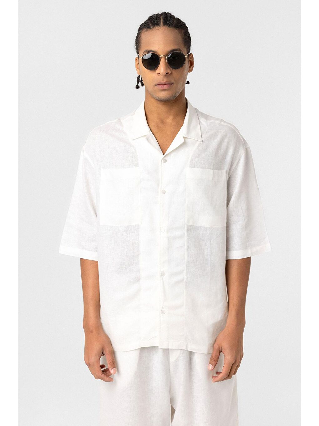 Çift Cepli Oversize Keten Gömlek Ekru-3