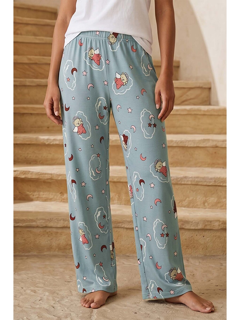 Yeşil Kadın Yumoş Kumaş Bulut Desen Tek Pijama Alt 31 Mint-1