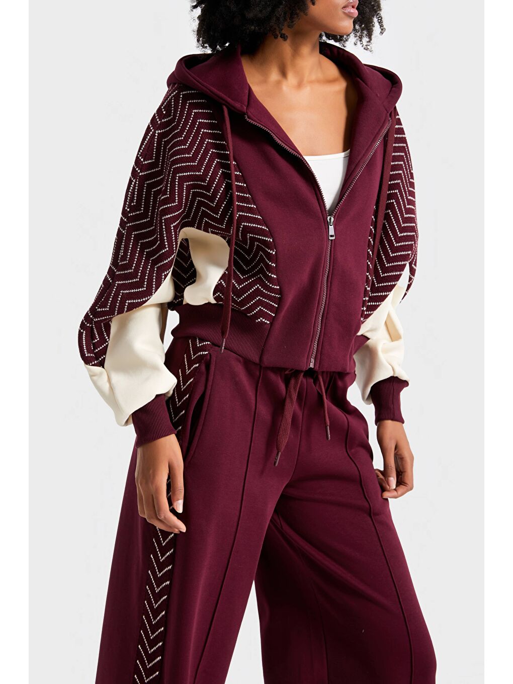 Kadın Bordo Renk w5-35 Kapüşonlu Sweatshirt Polar Eşofman Alt 2'li Kombin Kumaş Tasarım Takım-1