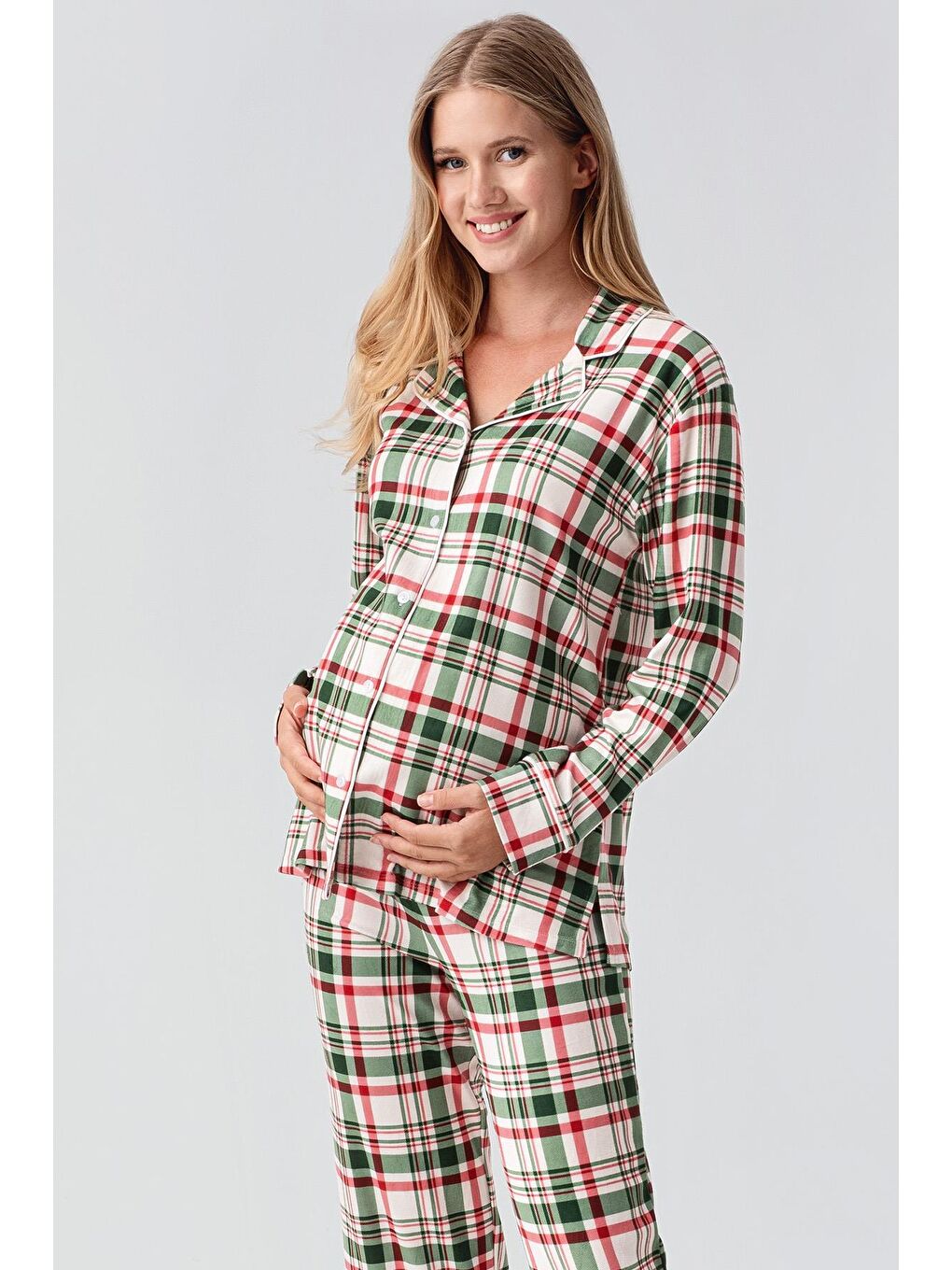 Kırmızı Termal Uzun Kollu Düğmeli Ekose Desenli Esnek Yumuşak Dokulu Pijama Takım 18221-3