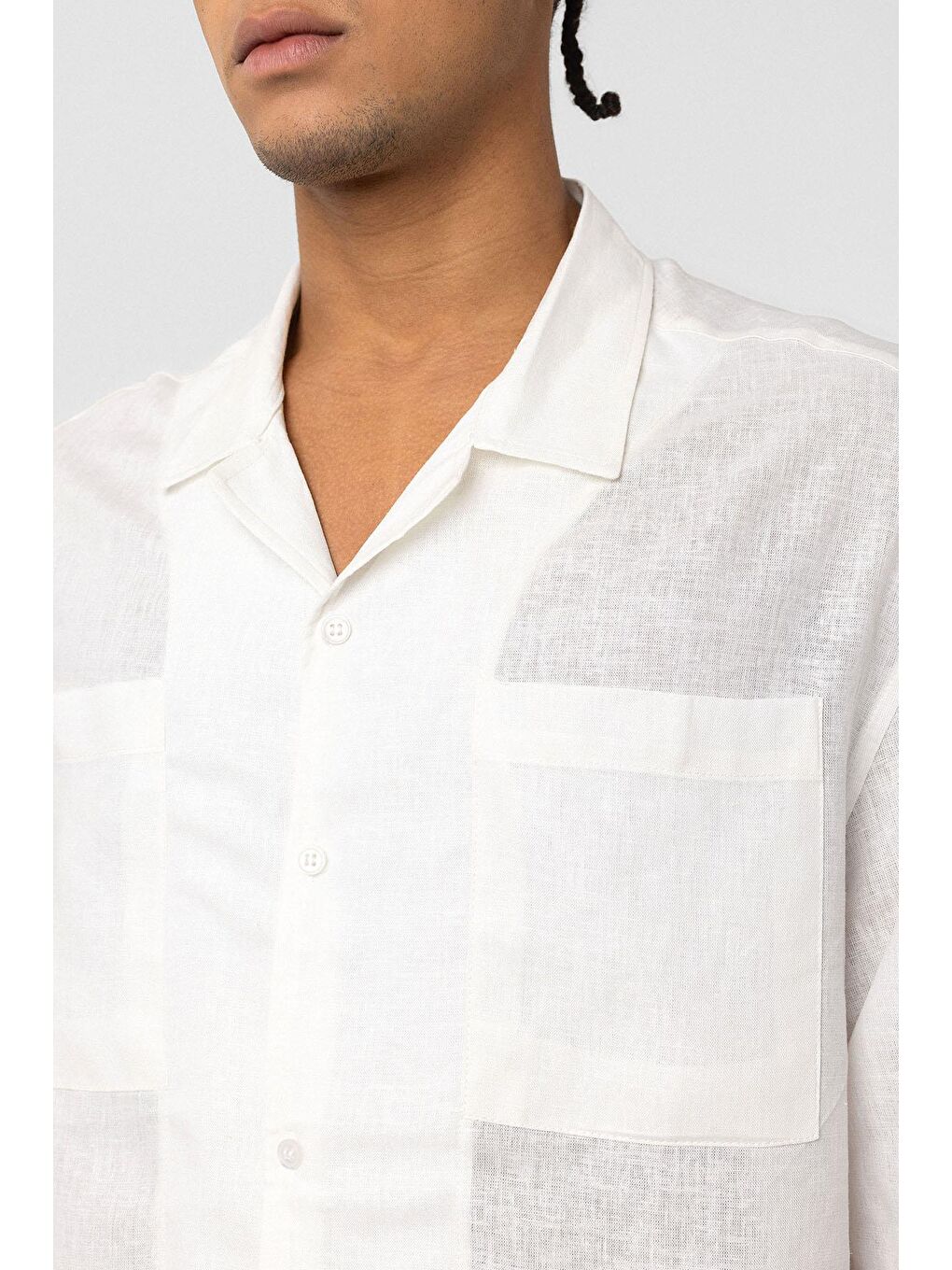 Çift Cepli Oversize Keten Gömlek Ekru-5