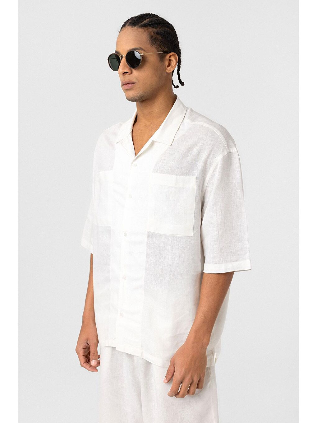 Çift Cepli Oversize Keten Gömlek Ekru-6