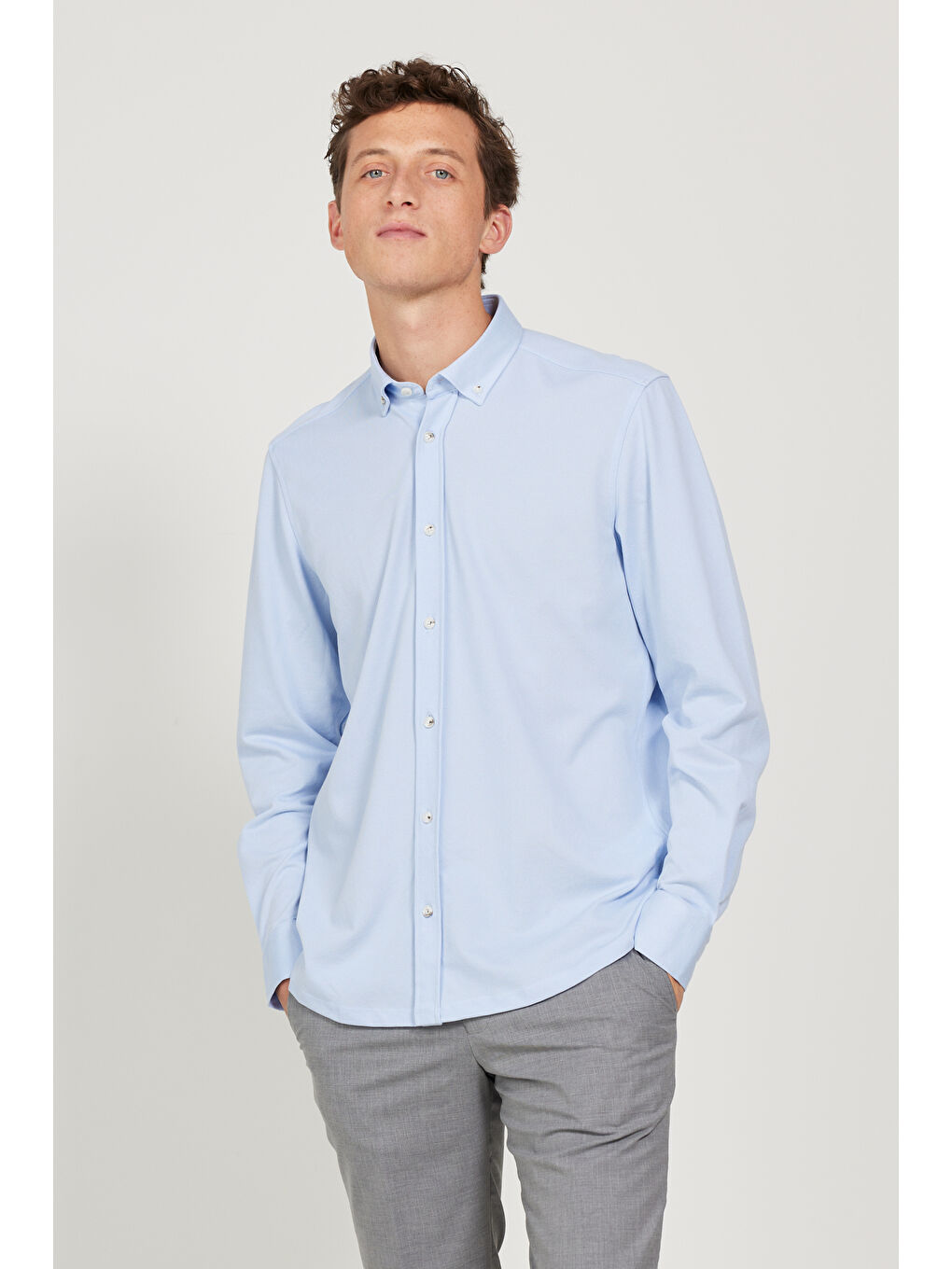 Erkek Açık Mavi Comfort Ft Geniş Kesim Düğmeli Yaka Pamuklu Armürlü Keten Gömlek-2