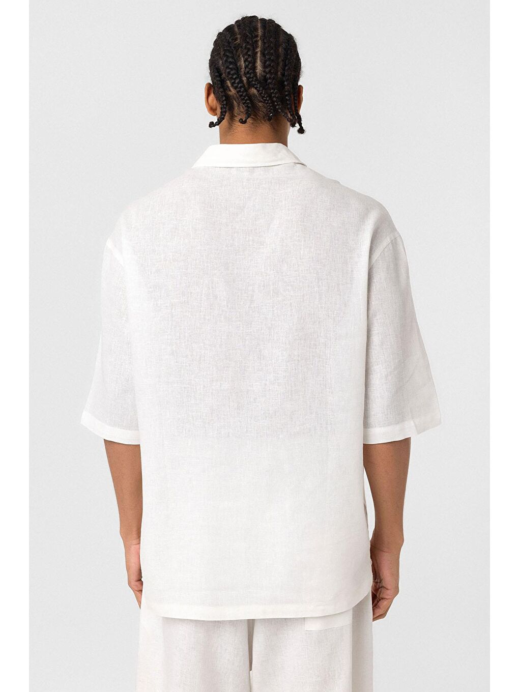 Çift Cepli Oversize Keten Gömlek Ekru-7