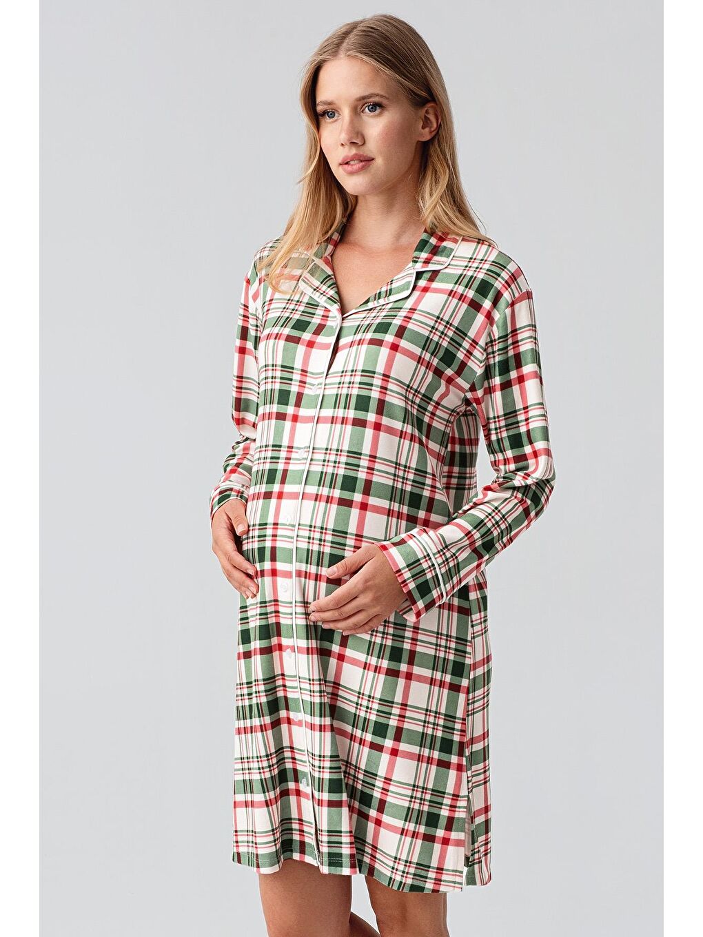 Kırmızı Termal Uzun Kollu Düğmeli Ekose Desenli Esnek Yumuşak Dokulu Kısa Gecelik 18109-2