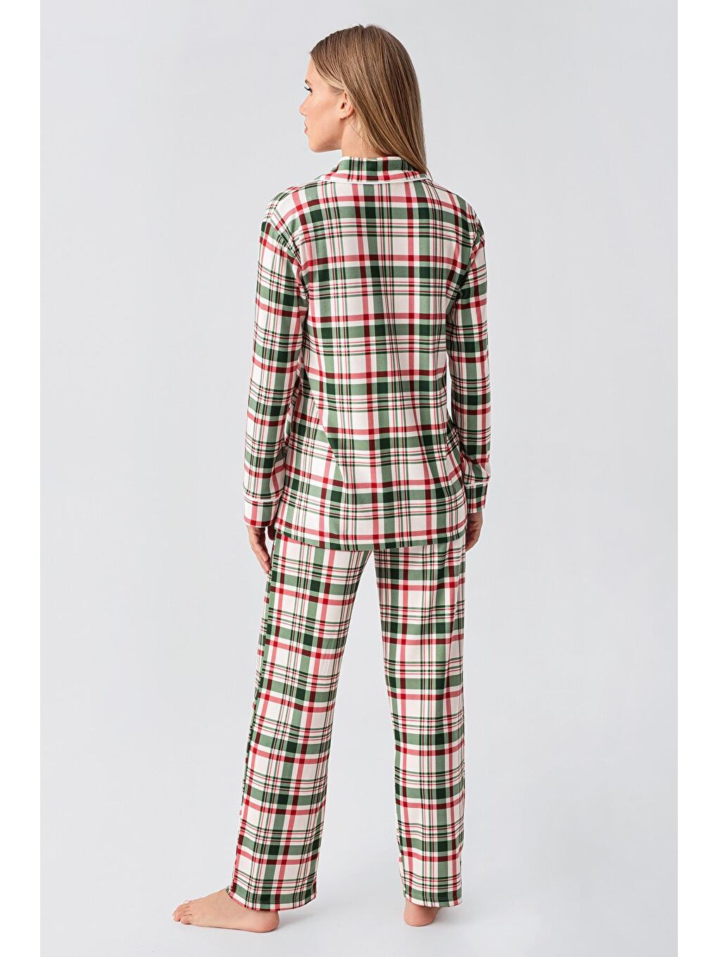 Kırmızı Termal Uzun Kollu Düğmeli Ekose Desenli Esnek Yumuşak Dokulu Pijama Takım 18221-4