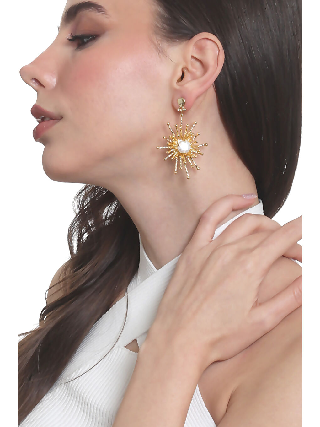 Sarı Kadın Altın Renk Kaplama Sedef Detaylı Çivili Model Büyük Güneş Küpe-2