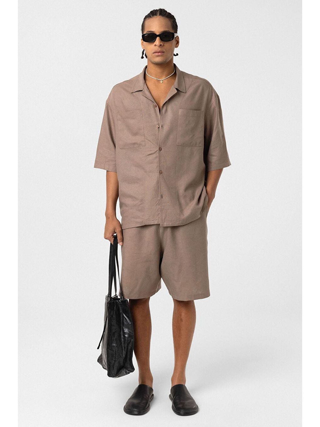 Bej Çift Cepli Oversize Keten Gömlek Vizon