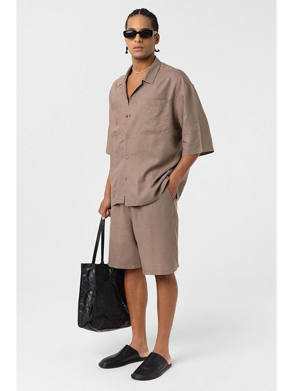 Bej Çift Cepli Oversize Keten Gömlek Vizon-2