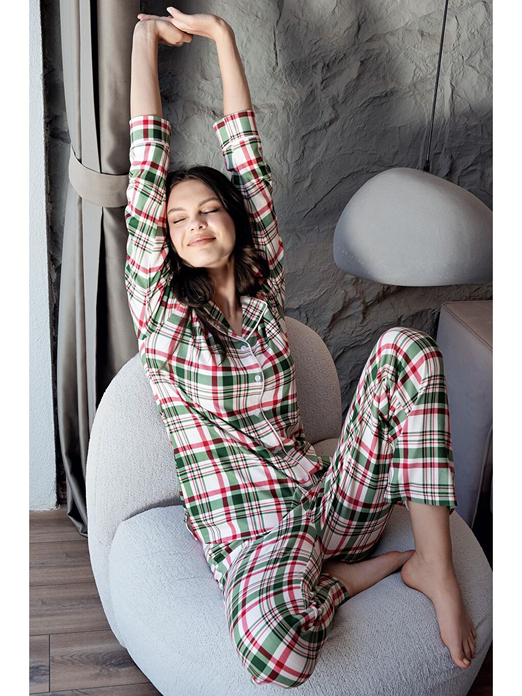 Kırmızı Termal Uzun Kollu Düğmeli Ekose Desenli Esnek Yumuşak Dokulu Pijama Takım 18221-5