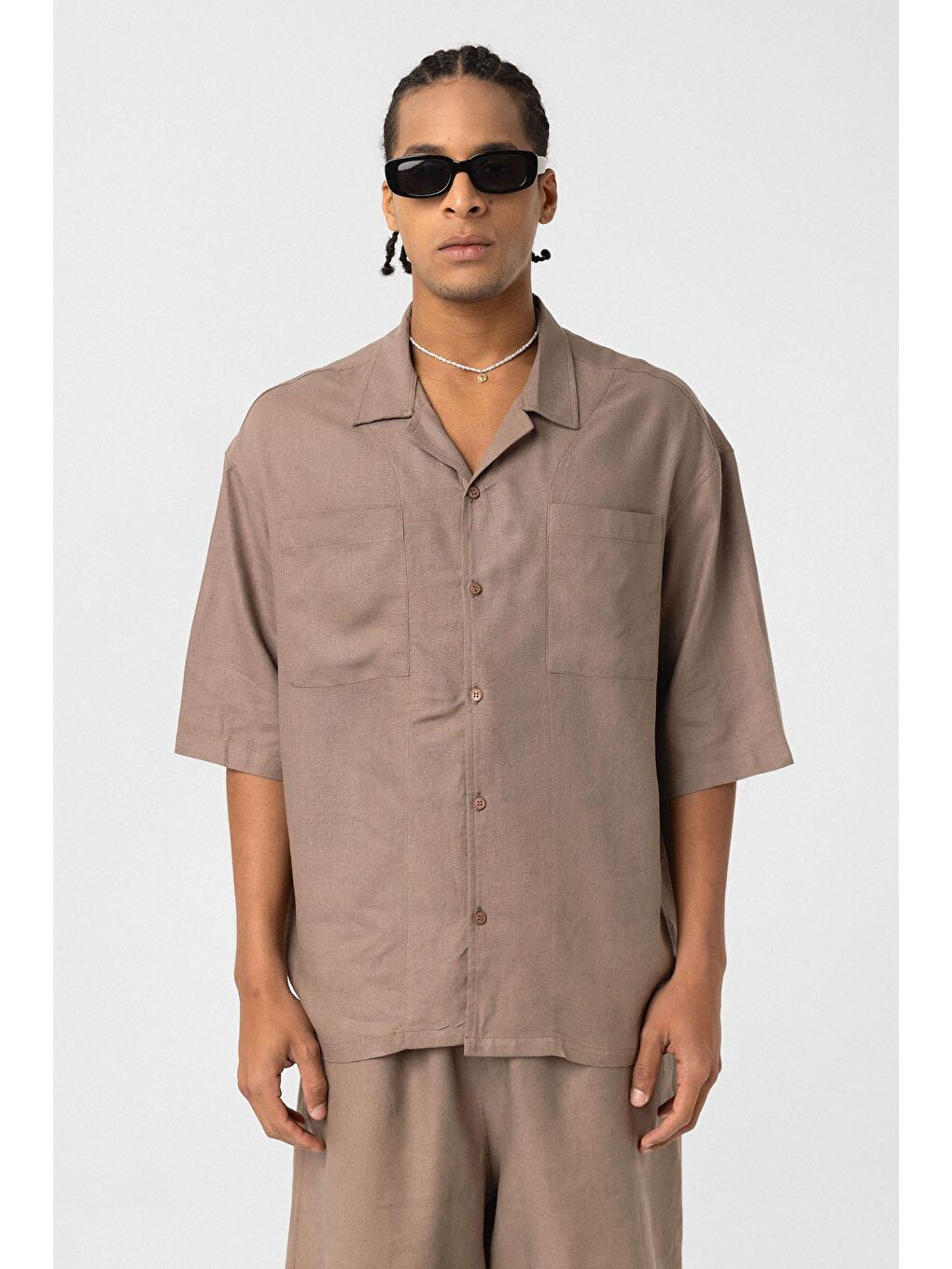 Bej Çift Cepli Oversize Keten Gömlek Vizon-3